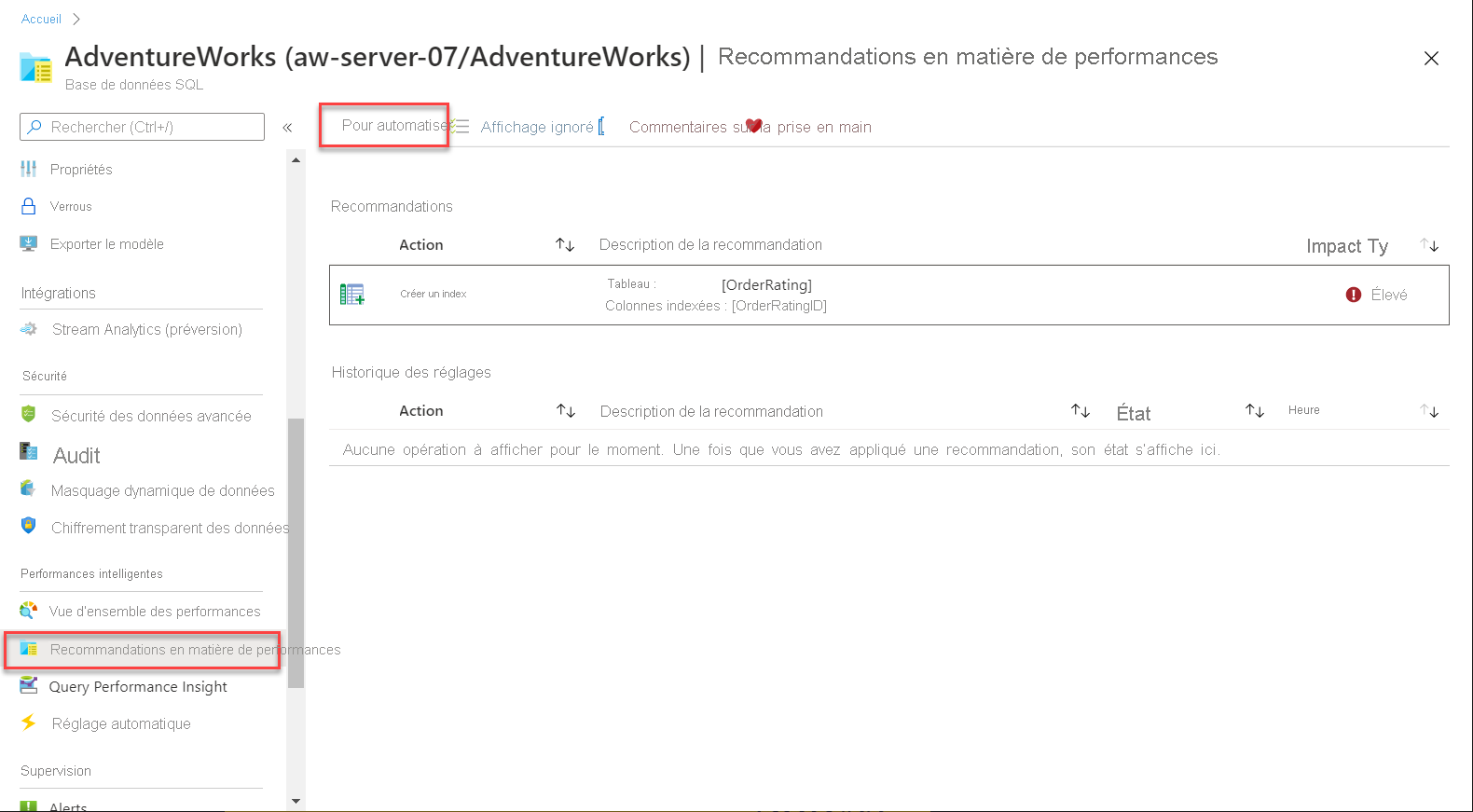 Screenshot of Performance Recommendations.