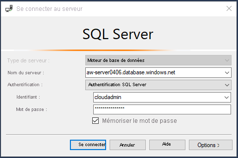 Capture d’écran montrant comment se connecter à SQL Database dans SSMS.