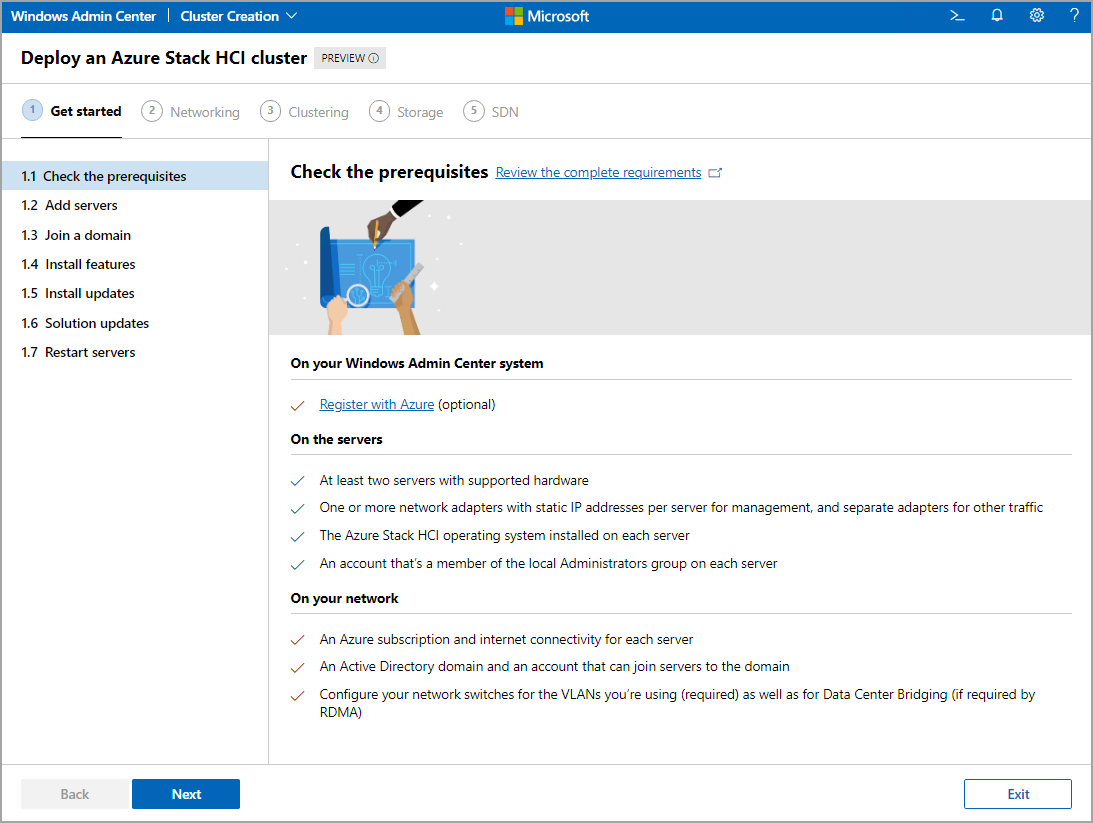 A screenshot of the Windows Admin Center Cluster Creation wizard page containing a list of the main installation steps.