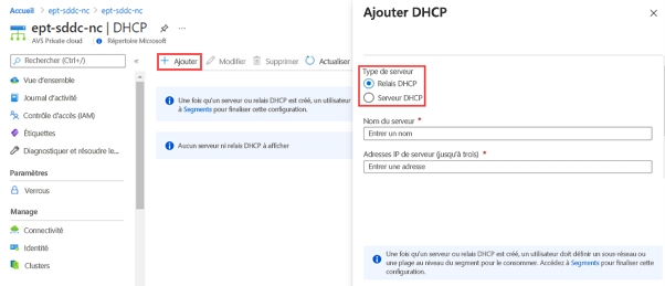Capture d’écran du portail Azure montrant comment ajouter un serveur DHCP ou un relais DHCP dans le cloud privé AVS.