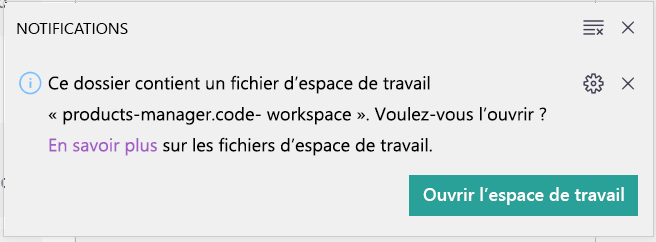 Capture d’écran de la notification Visual Studio Code vous invitant à ouvrir l’espace de travail.