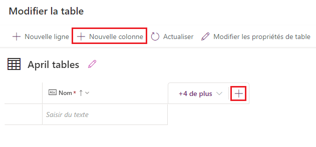Capture de l’écran Modifier la table mettant en évidence les boutons + Nouvelle colonne.