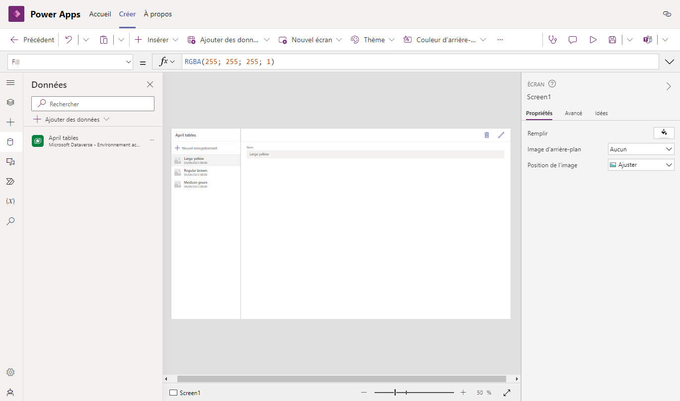 Capture d’écran illustrant la table fermée.