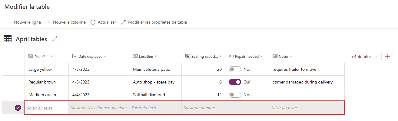 Capture d’écran illustrant la table avec trois entrées et une ligne vide mise en évidence affichant des invites de texte d’information.