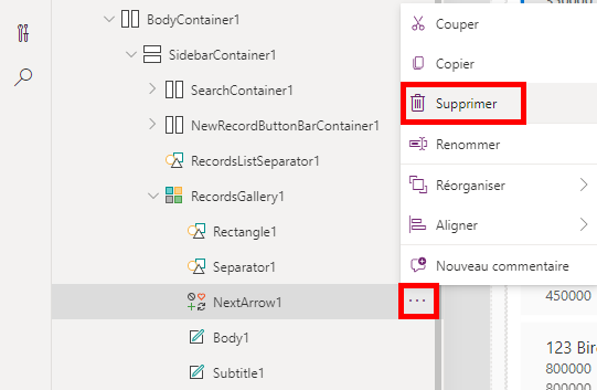 Capture d’écran illustrant l’action Supprimer l’option NextArrow.