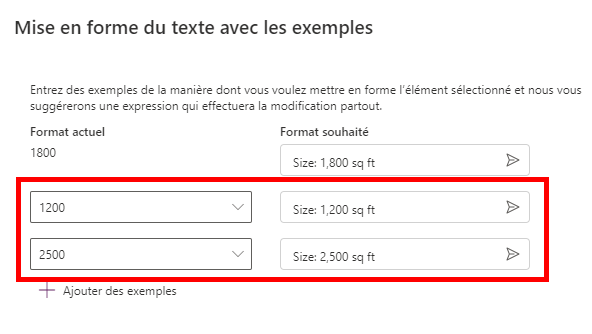 Capture d’écran des options Format actuel correspondant aux options Format souhaité.