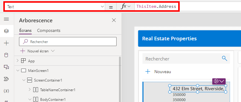 Capture d’écran de la propriété Text dans la barre de formule.