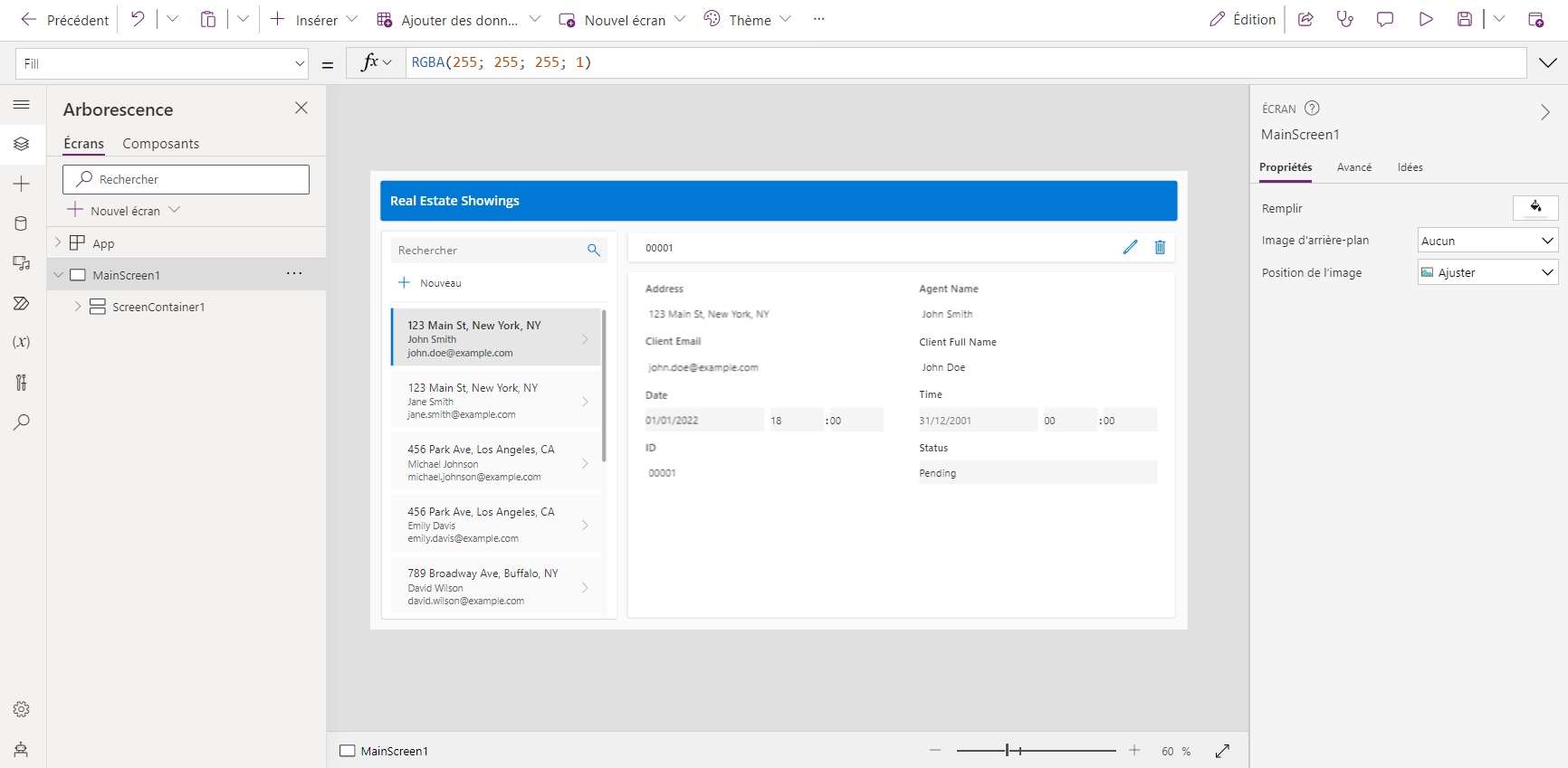 Capture d’écran de l’application générée dans Power Apps Studio.