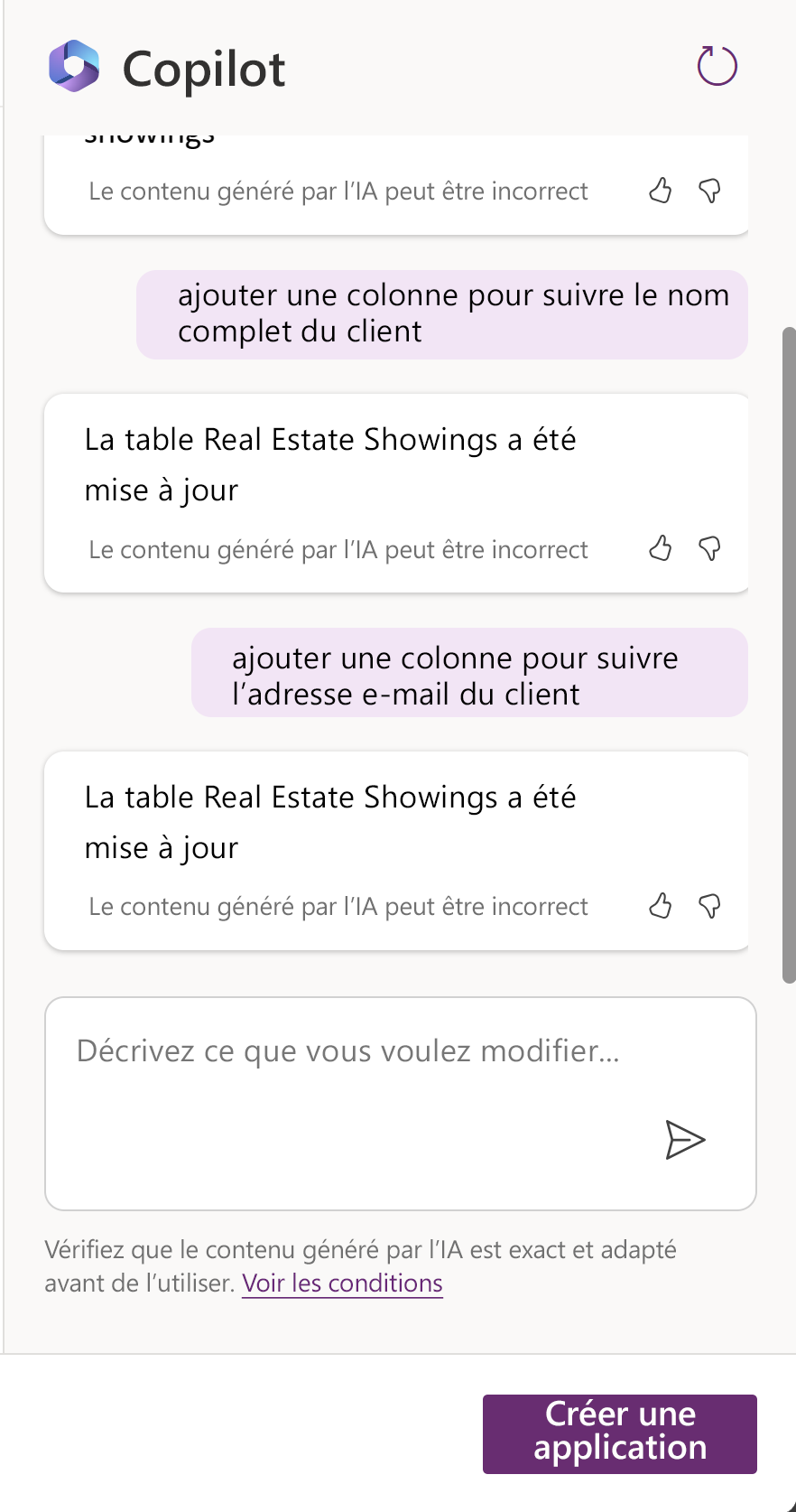 Capture d’écran illustrant l’historique de la conversation Copilot.