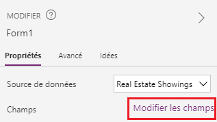 Capture d’écran illustrant le bouton Modifier les champs dans le volet Propriétés.