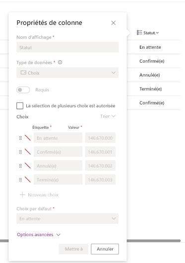 Capture d’écran des propriétés de la colonne Statut avec les choix mis à jour.