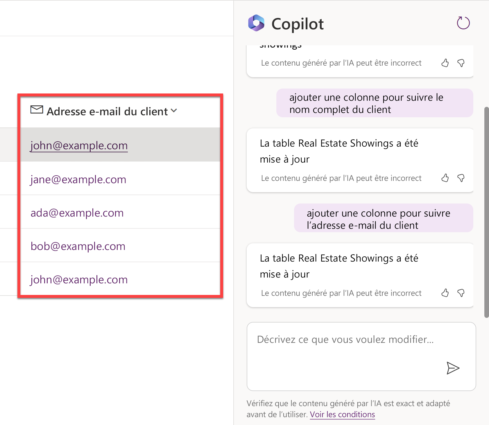 Capture d’écran de la colonne Adresse e-mail du client venant d’être générée.