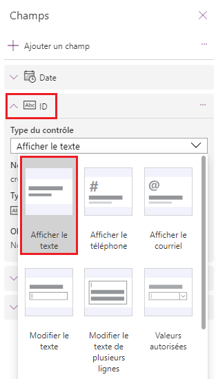 Capture d’écran illustrant la redéfinition du paramètre Type de contrôle du champ ID sur Afficher le texte.