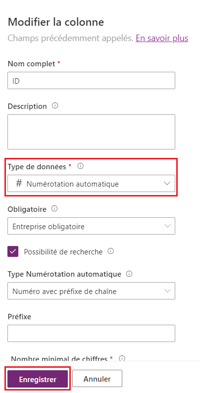 Capture d’écran mettant en évidence le champ Type de données redéfini sur NuméroAuto et le bouton Enregistrer.