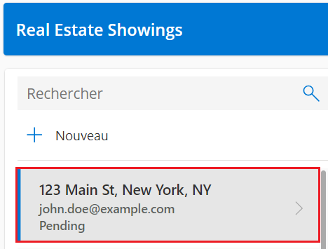 Capture d’écran d’un seul enregistrement dans la galerie Real Estate Showings.