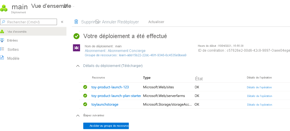 Capture d’écran montrant l’interface du portail Azure pour le déploiement spécifique, avec le compte de stockage et les ressources App Service listés.