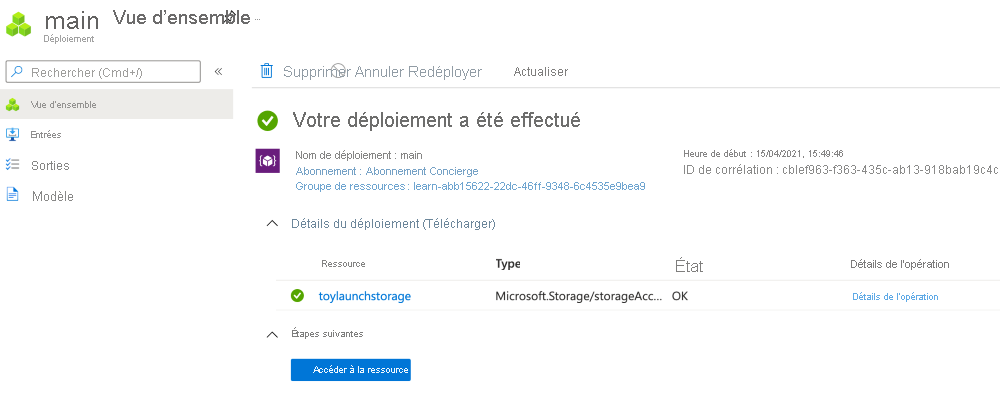 Capture d’écran de l’interface du portail Azure pour le déploiement spécifique avec une ressource de compte de stockage répertoriée.