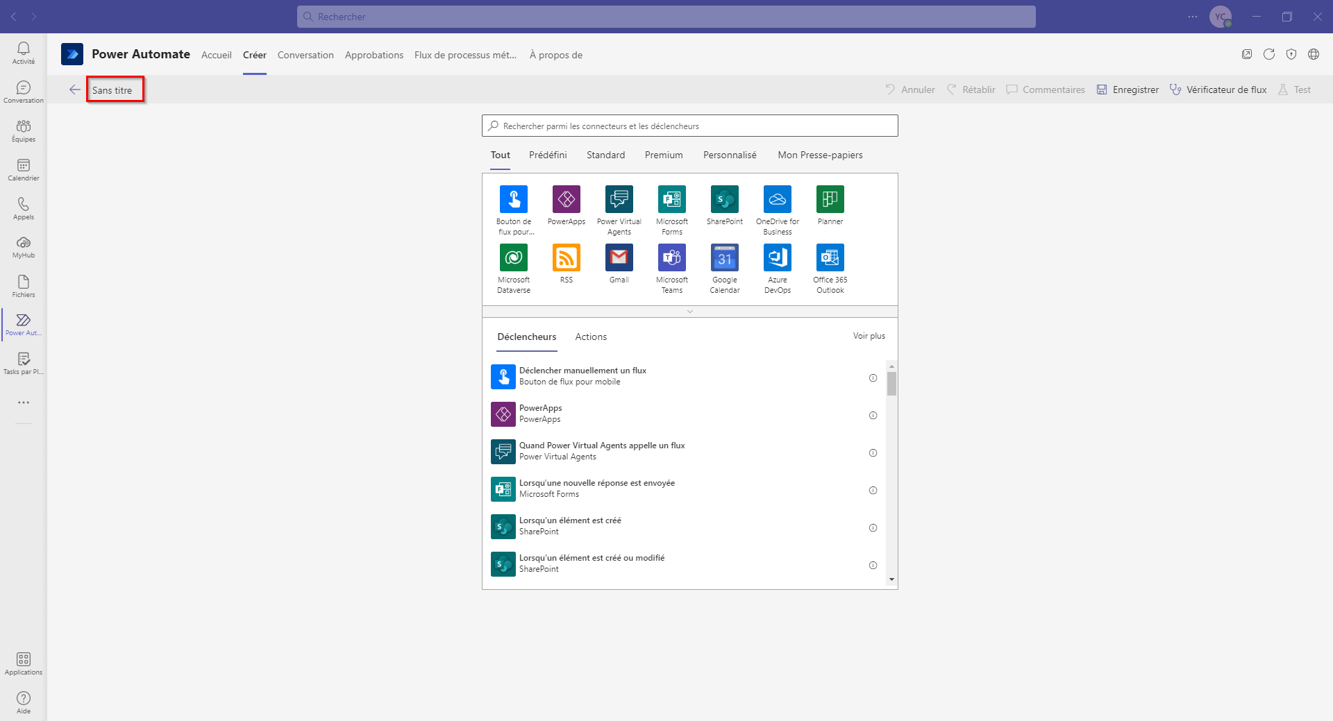Capture d’écran de l’initiation du flux avec l’expression Sans titre mise en évidence.