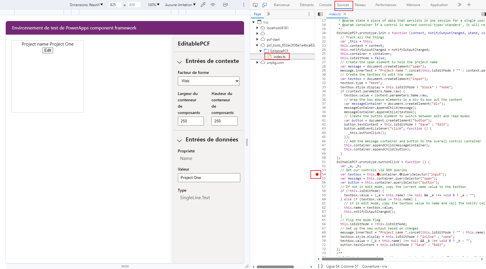 Capture d’écran d’un exemple de point d’arrêt défini pour s’exécuter lors de chaque appel de la fonction buttonClick.