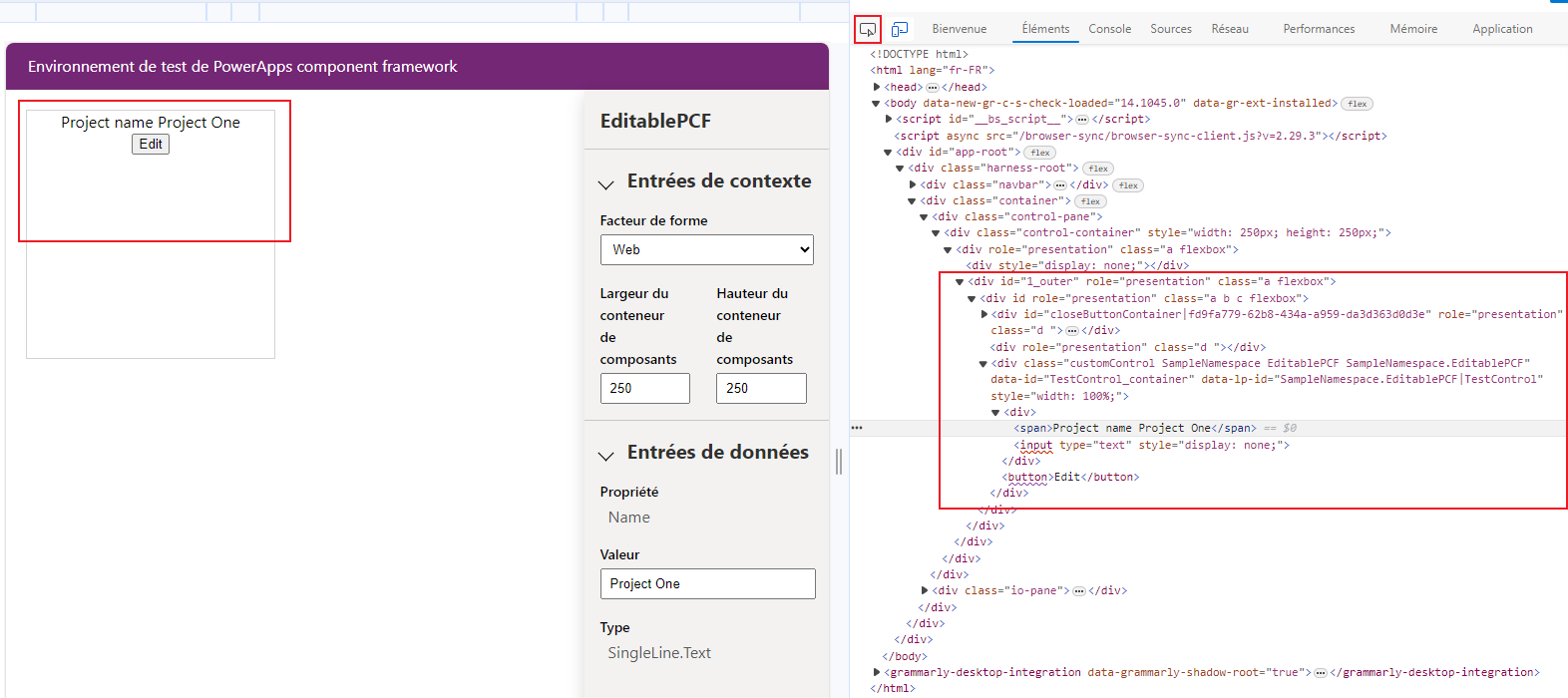Capture d’écran de la sélection d’un élément dans le volet Éléments.