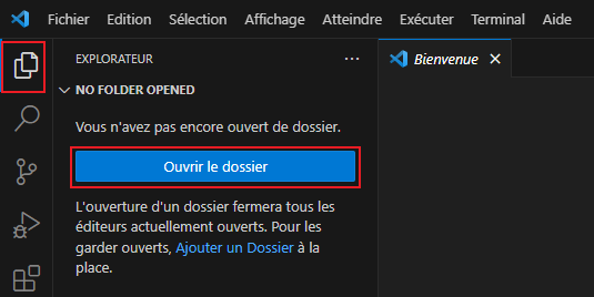 Capture d’écran du bouton Ouvrir le dossier de Visual Studio&nbsp;Code.