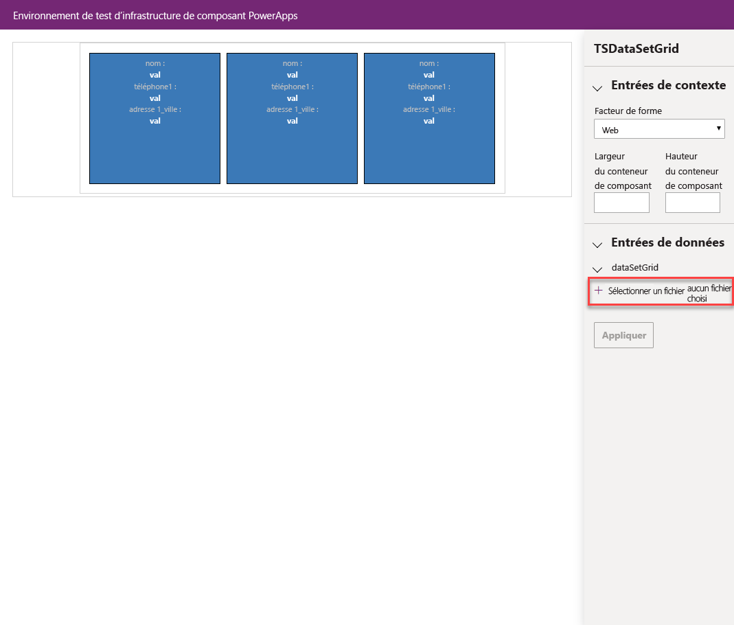 Capture d’écran du menu déroulant Entrées de données avec le bouton + Sélectionner un fichier mis en évidence.