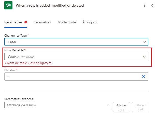 Capture d’écran montrant les détails du déclencheur Lorsqu’une ligne est ajoutée, modifiée ou supprimée.