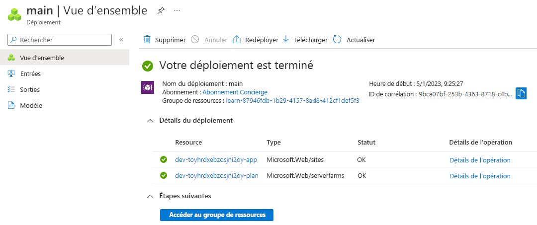 Capture d’écran de l’interface du portail Azure pour le déploiement spécifique avec un plan et une application App Service répertoriés.