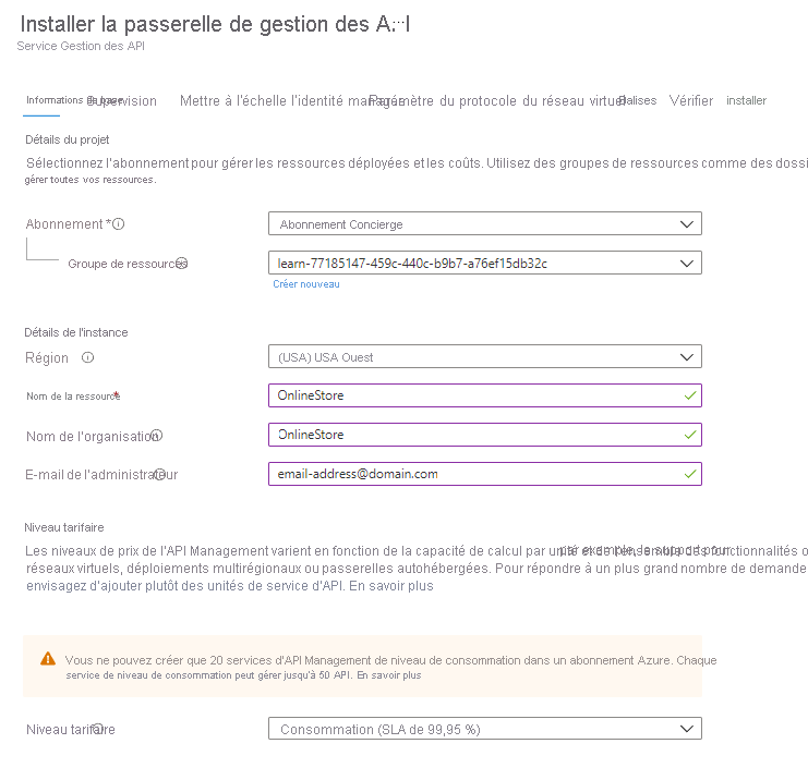 Screenshot showing settings for an API Management service.