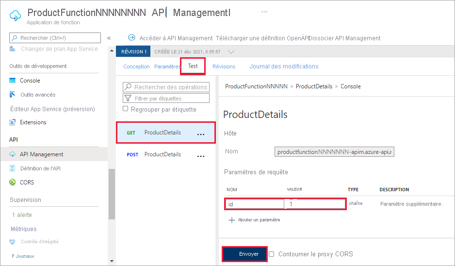 Screenshot showing ProductDetails Console with query parameter values highlighted for the GET HTTP request.