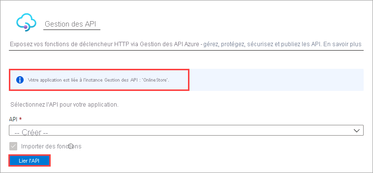 Screenshot of API Management highlighting the Link API button.