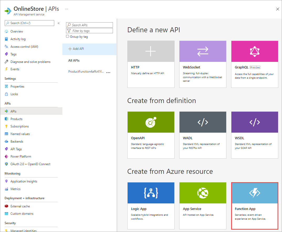 Capture d’écran de l’écran Ajouter une nouvelle API avec une légende mettant en évidence l’option Application de fonction Azure.