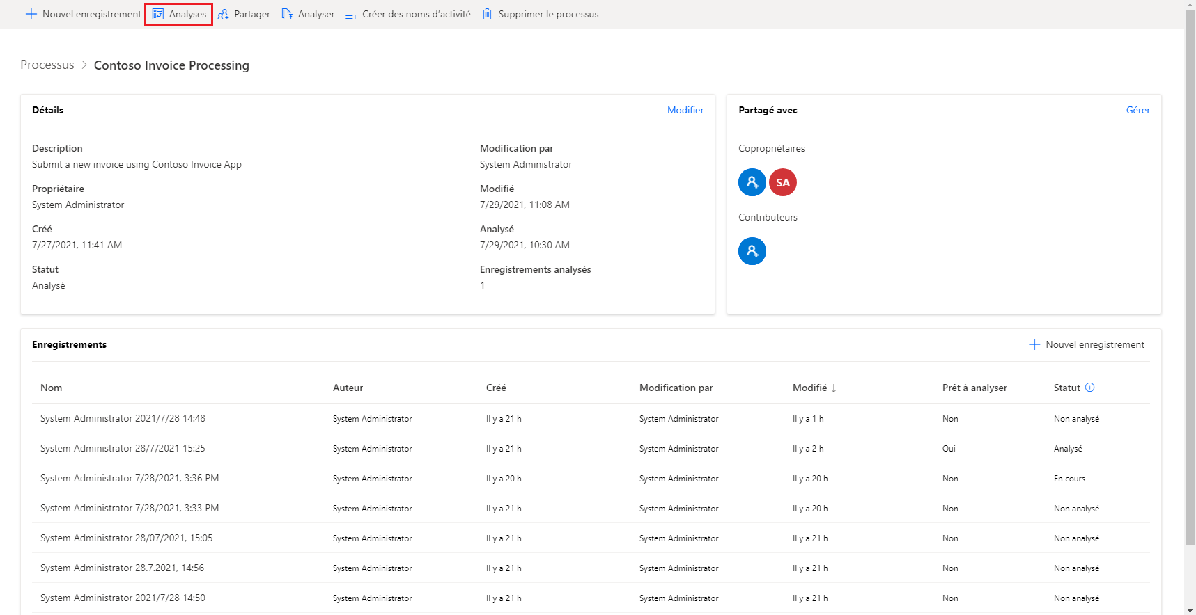 Capture d’écran du bouton Analyses utilisé pour accéder aux résultats.