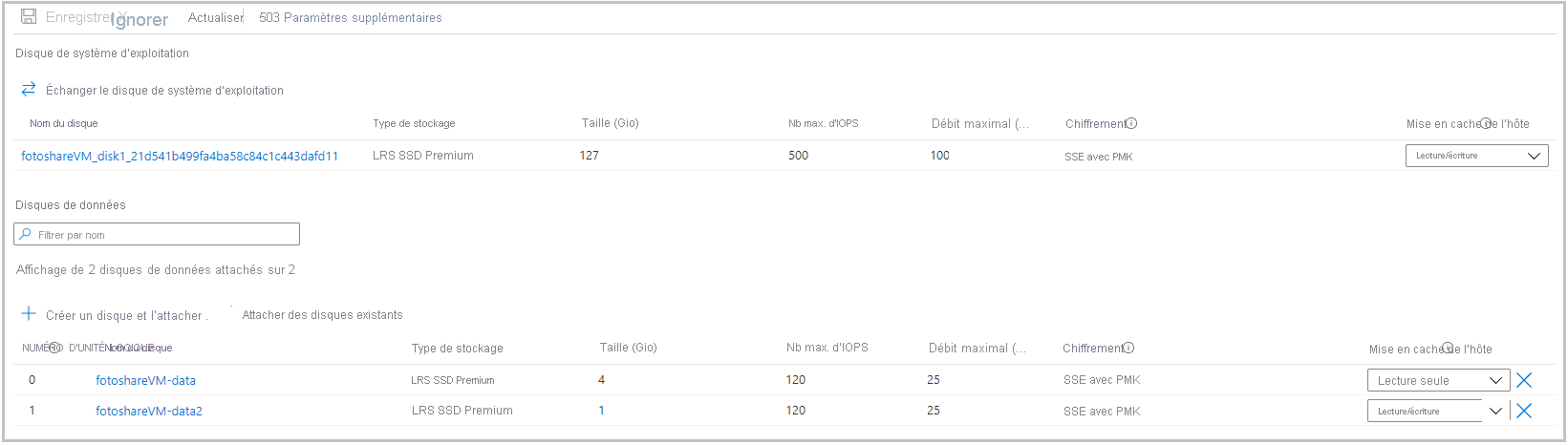 Screenshot of the Azure portal showing the Disks section of our VM pane with two data disks.