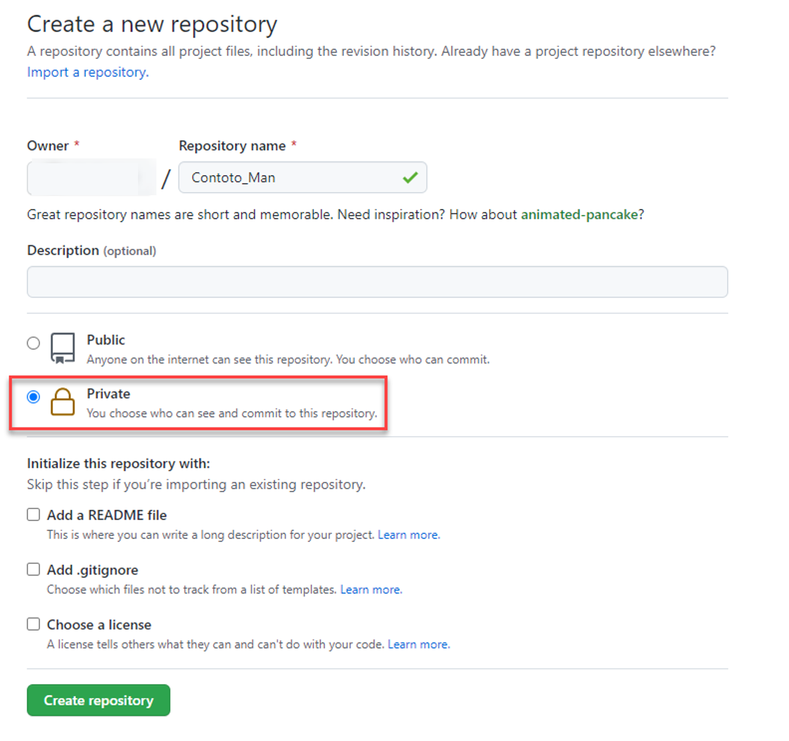 Capture d’écran de la fenêtre Créer un référentiel, présentant l’option Privé sélectionnée.