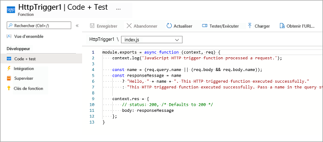 Screenshot of Code and Test pane showing default code for HTTP trigger function template.