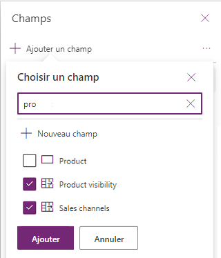 Capture d’écran de la section Choisir un champ, avec les colonnes sélectionnées et le bouton Ajouter.
