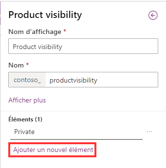Capture d’écran du bouton + Nouveau choix dans le volet Nouveau choix.