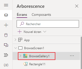 Capture d’écran du contrôle BrowseGallery1 mis en évidence dans l’onglet Arborescence.
