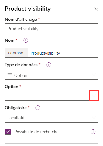 Capture d’écran du type de données de colonne Choix unique dans Power Apps.