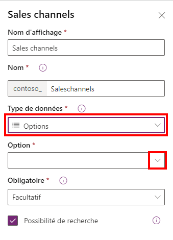 Capture d’écran du type de données de colonne Choix multiple dans Power Apps.