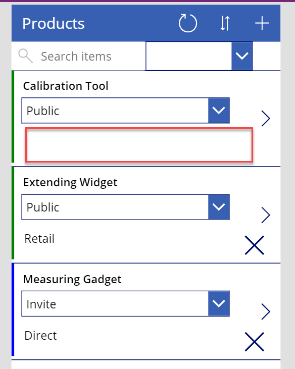 Capture d’écran de la ligne mise à jour dans Power Apps illustrant un espace vide.