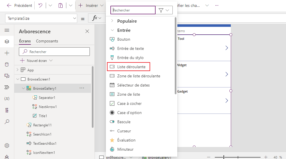Capture d’écran de la sélection d’Insérer > Saisie > Liste déroulante dans Power Apps.