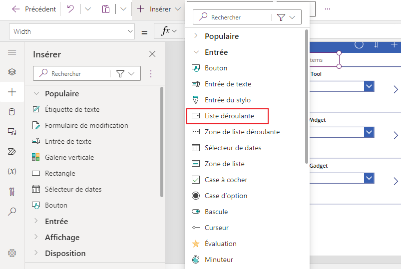 Capture d’écran de l’onglet Insérer illustrant le menu Saisie développé avec l’option Liste déroulante mise en évidence.