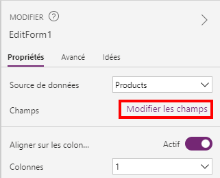 Capture d’écran de l’option Modifier les champs dans l’onglet Propriétés du contrôle EditForm1.