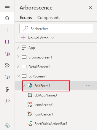 Capture d’écran du contrôle EditForm1 mis en évidence dans l’onglet Arborescence de Power Apps.