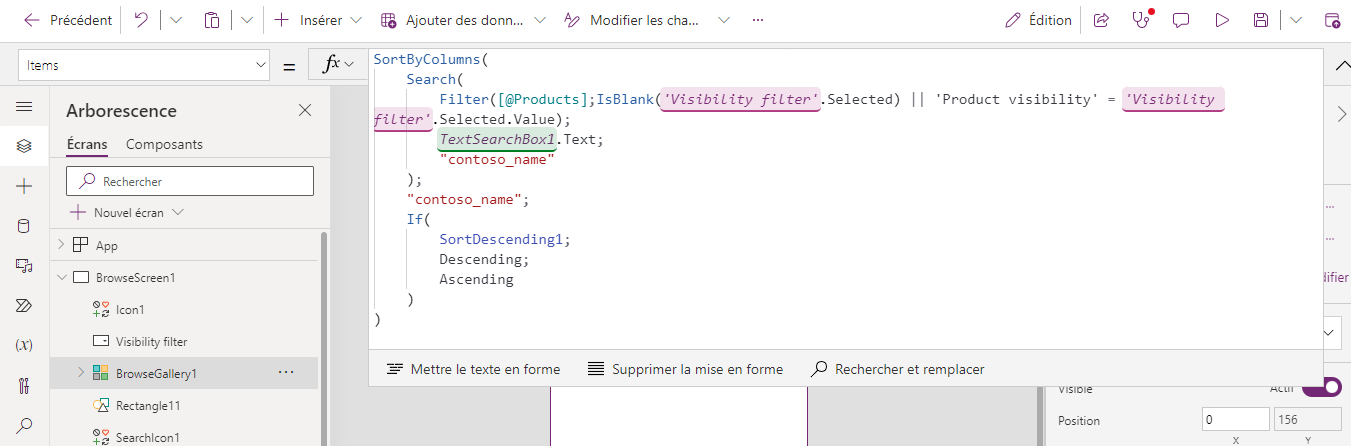 Capture d’écran de la formule OnSelect de la galerie dans le champ Items.