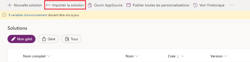 Capture d’écran du bouton Importer la solution dans Power Apps.