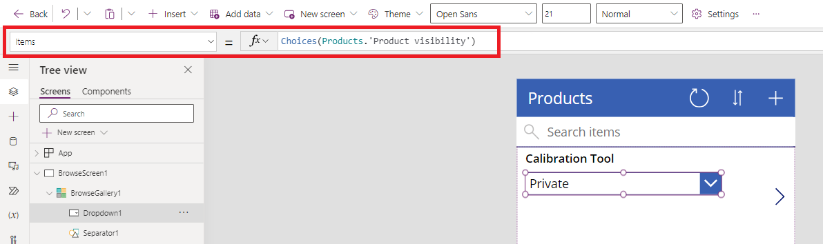 Capture d’écran de la formule de la propriété Items dans Power Apps.
