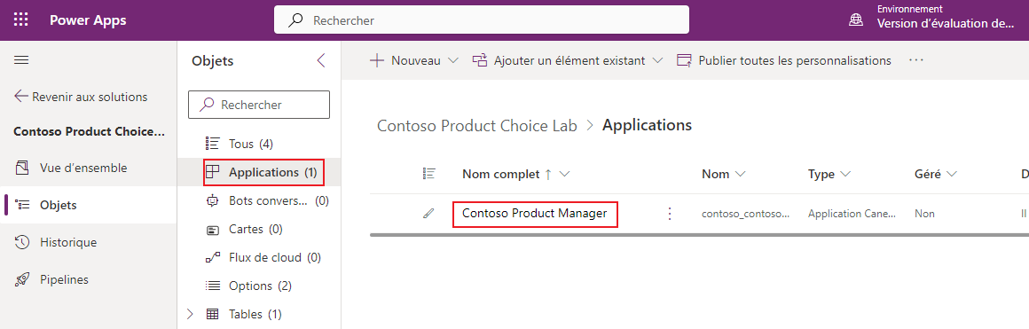 Capture d’écran de la section Solutions > Labo de choix de produits Contoso mettant en évidence l’application Contoso Product Manager.